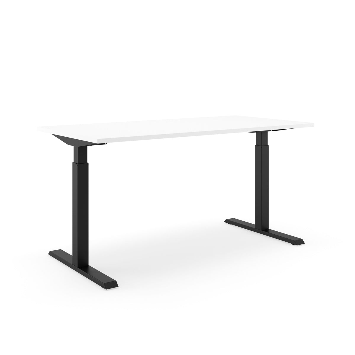Elektrisch zit-sta bureau SF 370 met wit blad op een zwart T-frame, schuin van voren