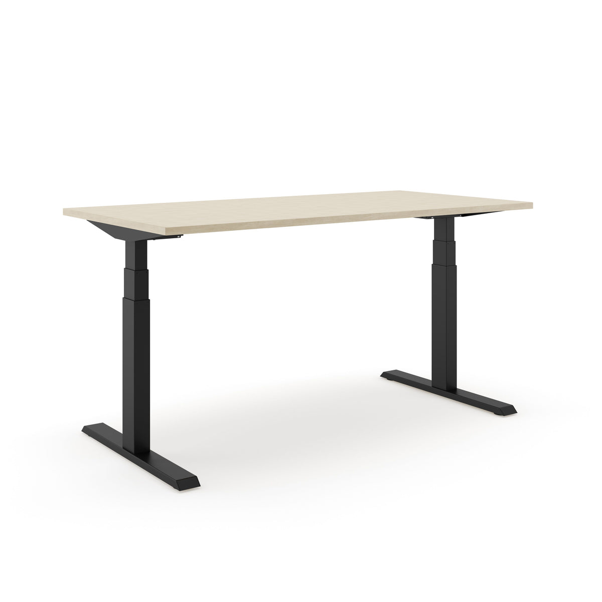 Elektrisch zit-sta bureau SF 670 met blad in eikendecor op een zwart T-frame, schuin van voren