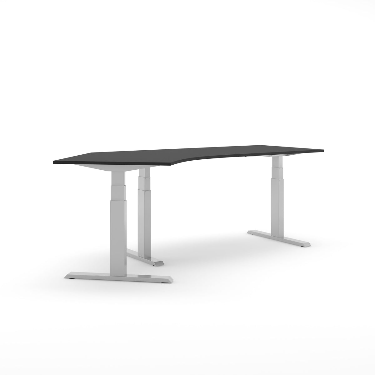 Elektrisch hoekbureau SF 670 135 graden met zwart blad op een aluminiumkleurig T-frame
