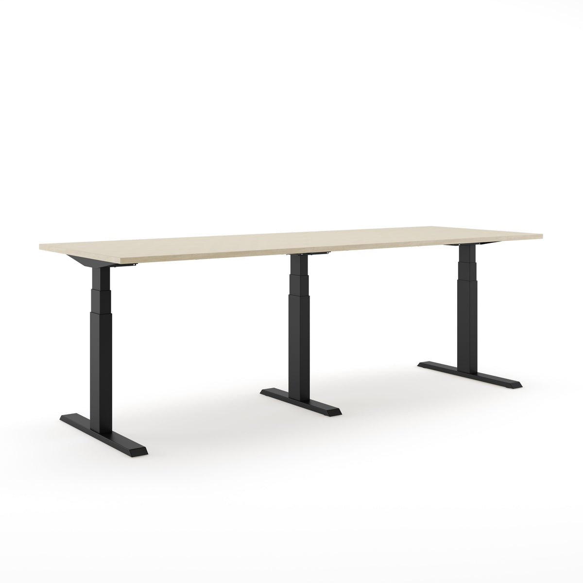 Elektrisch zit-sta bureau SF 670 XL met lang blad in licht eikendecor op drie zwarte T-poten