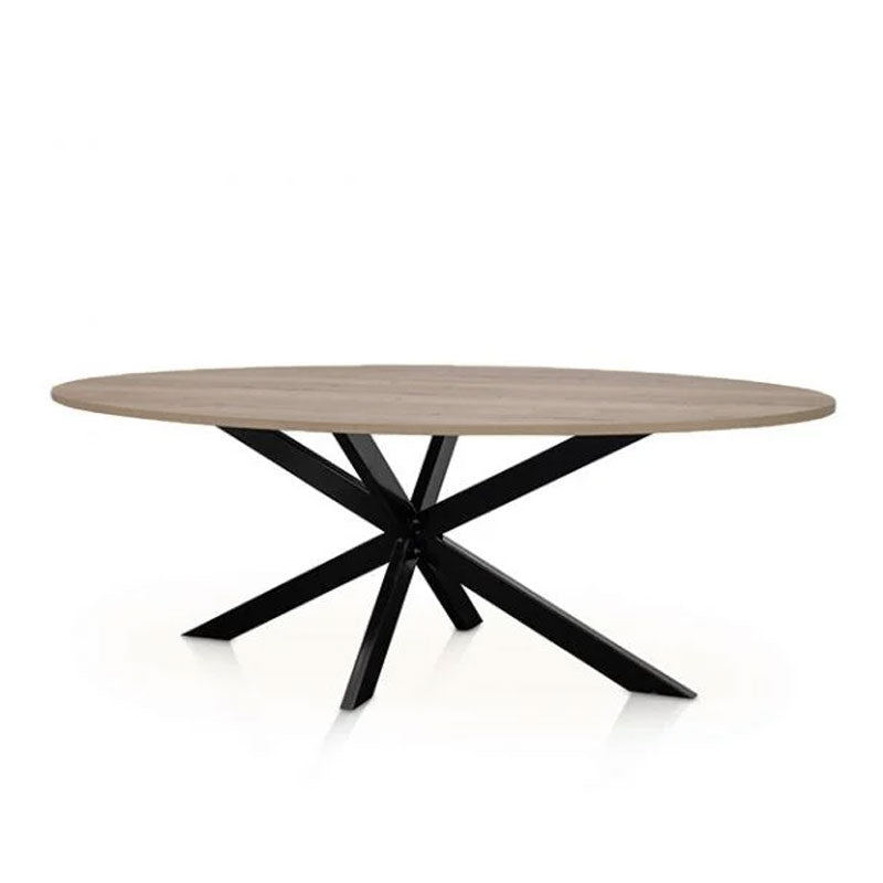 Ovale vergadertafel met blad in licht houtdecor op een zwarte gekruiste stervoet