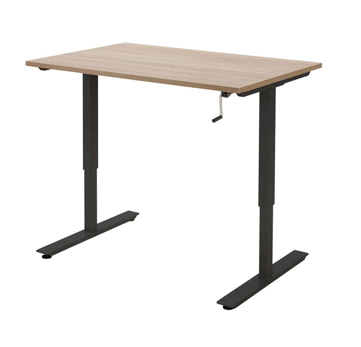 Zit-sta bureau Supra Fast met blad in houtdecor op een zwart T-frame, met handslinger onder het blad
