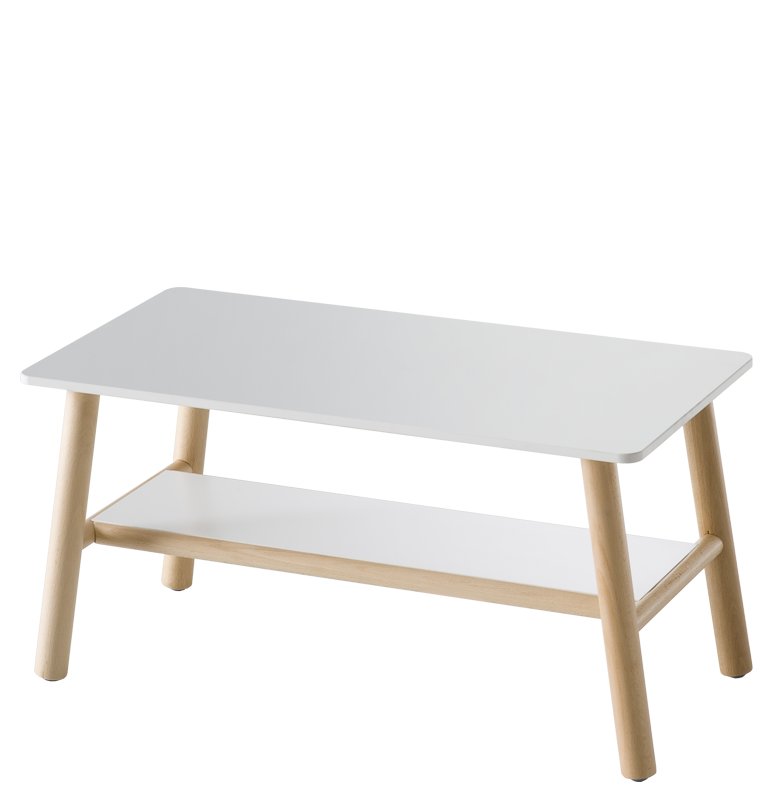 Witte salontafel met legplank op een onderstel van licht beukenhout
