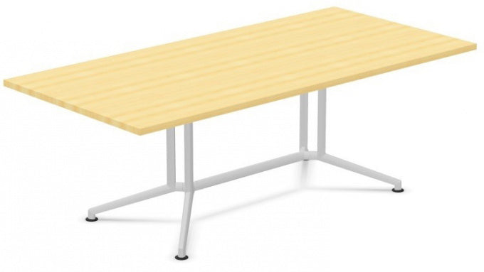 Rechthoekige vergadertafel met licht houtkleurig blad op een wit dubbel T-frame