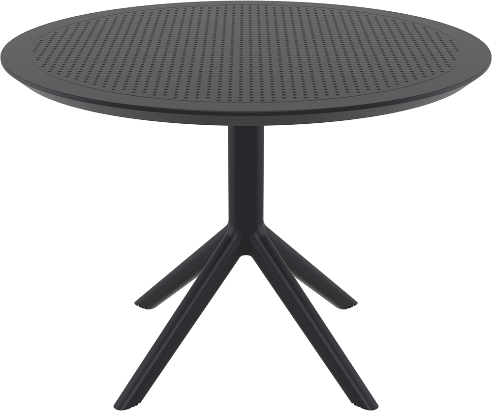 Sky table 105 kunststof tafel, rond zwart blad met ribbelstructuur op een zwart vierpoots kruisonderstel