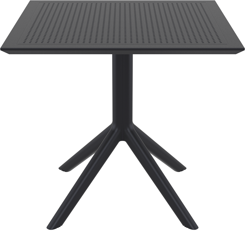 Sky table 80, vierkant zwart blad met ribbelstructuur op een zwart vierpoots kruisonderstel