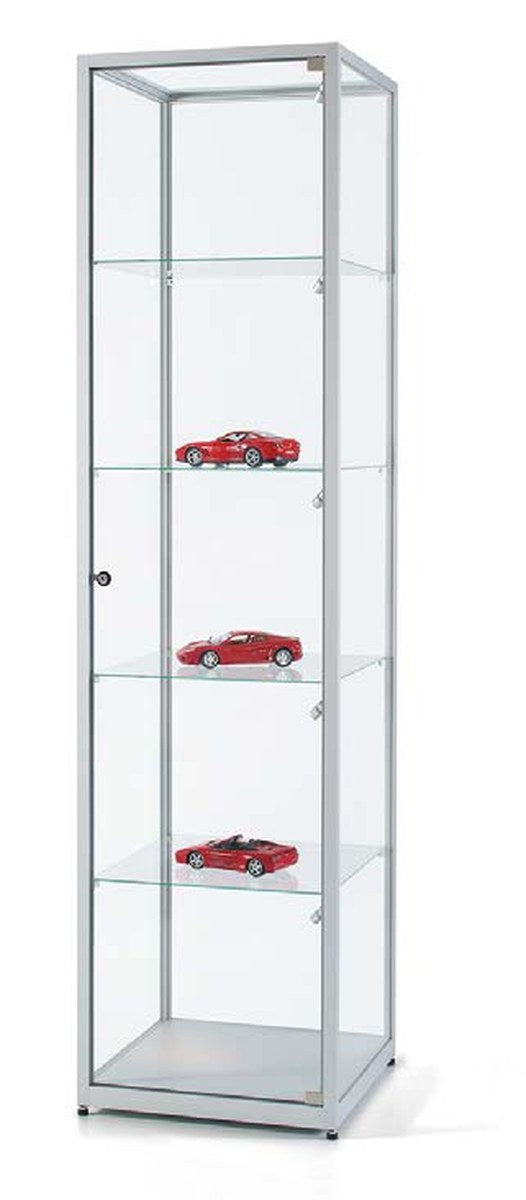 Vitrinekast van 50 cm met LED-spots op klikrail in zilver