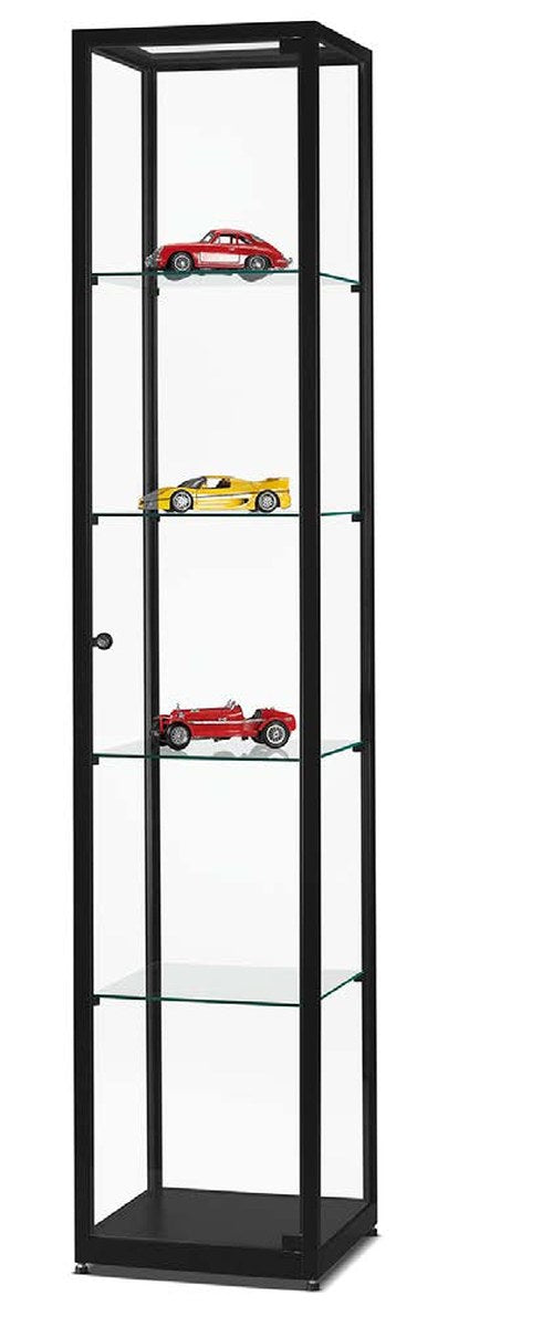 Vitrinekast van 40 cm breed in zwart met glazen draaideur
