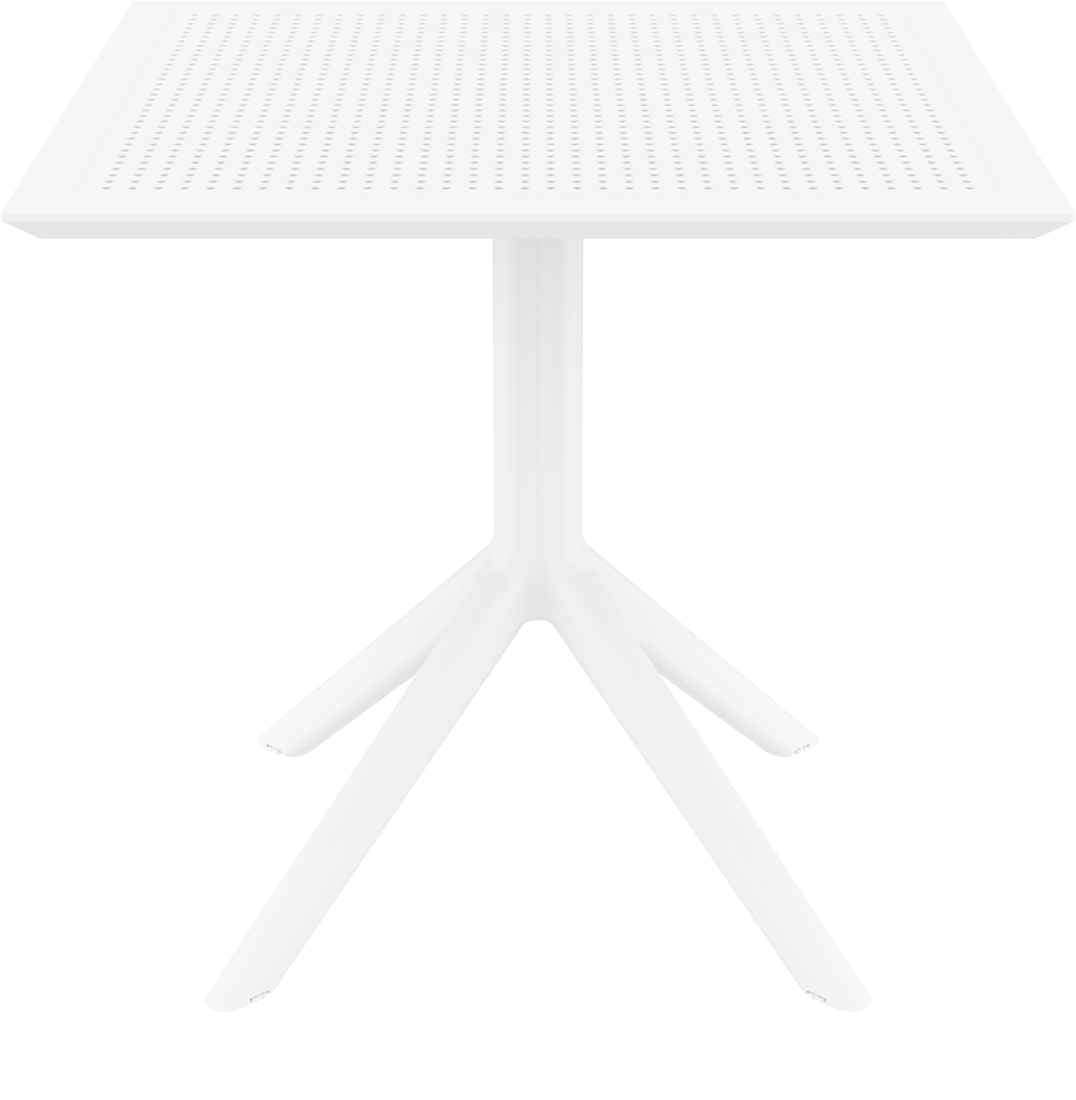 Witte vierkante tafel met geperforeerd blad op een witte kruisvoet