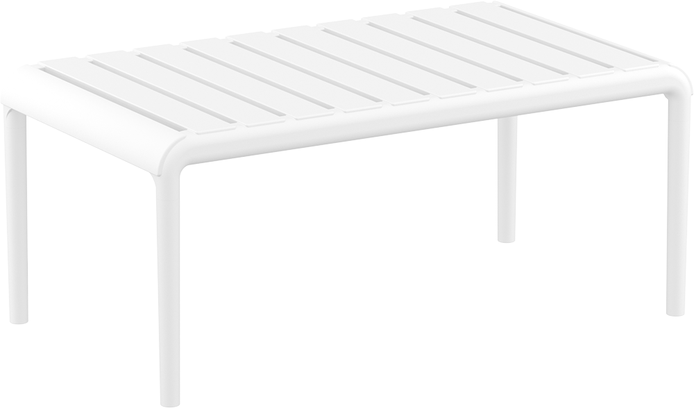Witte lage loungetafel met lattenblad op vier slanke poten