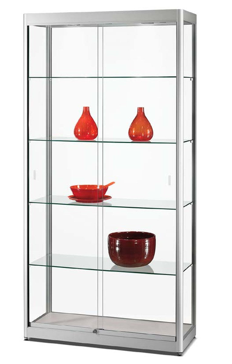 Vitrinekast met glazen schuifdeuren en LED-verlichting, 100 cm breed in zilver