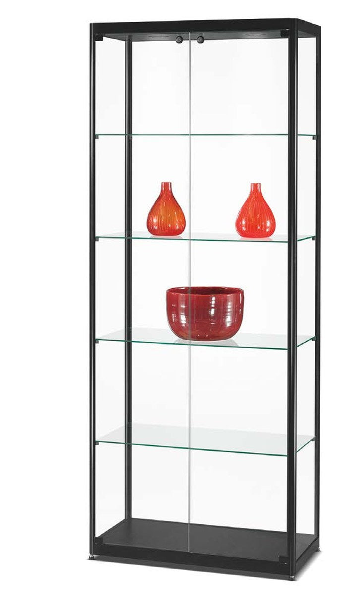 Verlichte vitrinekast van 80 cm met twee glazen draaideuren in zwart