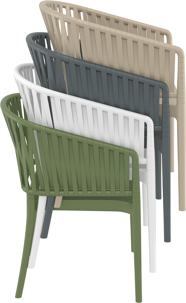 Gestapelde Portofino armstoelen in olijfgroen en taupe
