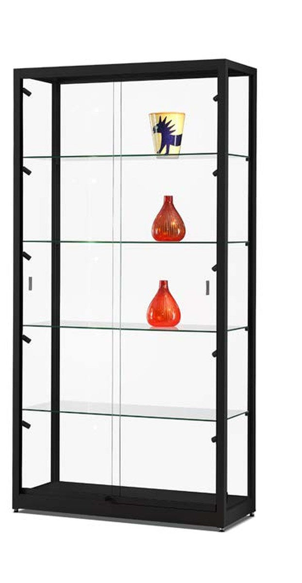 Vitrinekast met schuifdeuren en LED-spots op klikrail, 100 cm breed in zwart