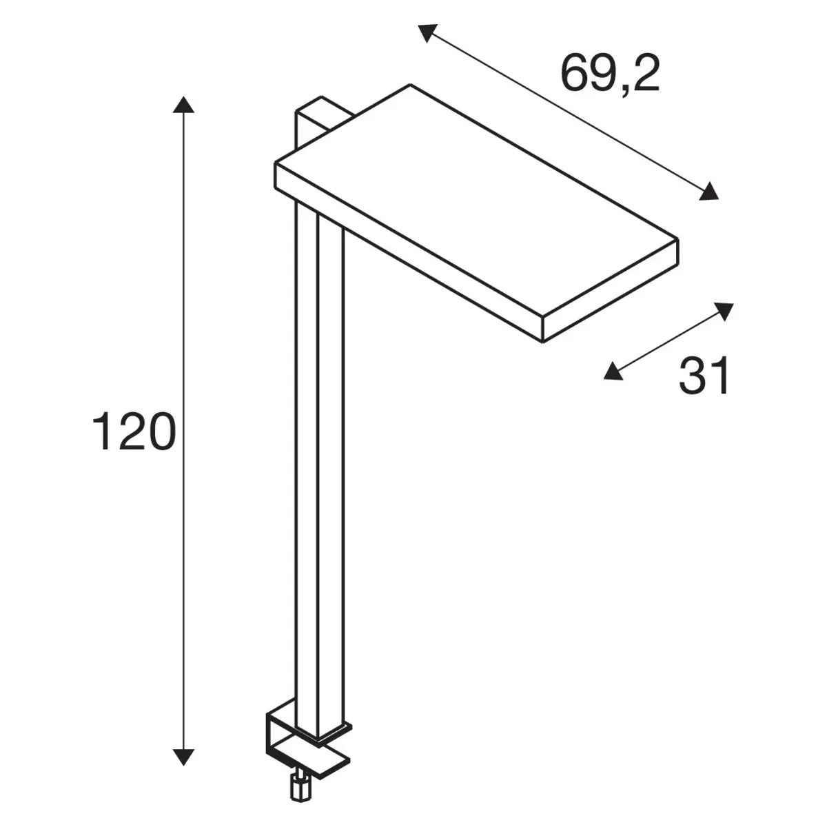Maattekening van de lamp met de hoogte, de maten van de lichtkap en de bladklem onderaan