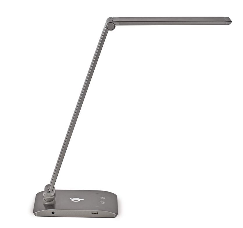 Bureaulamp Astel in aluminiumkleur met vlakke LED-arm en een platte voet met bedieningspaneel