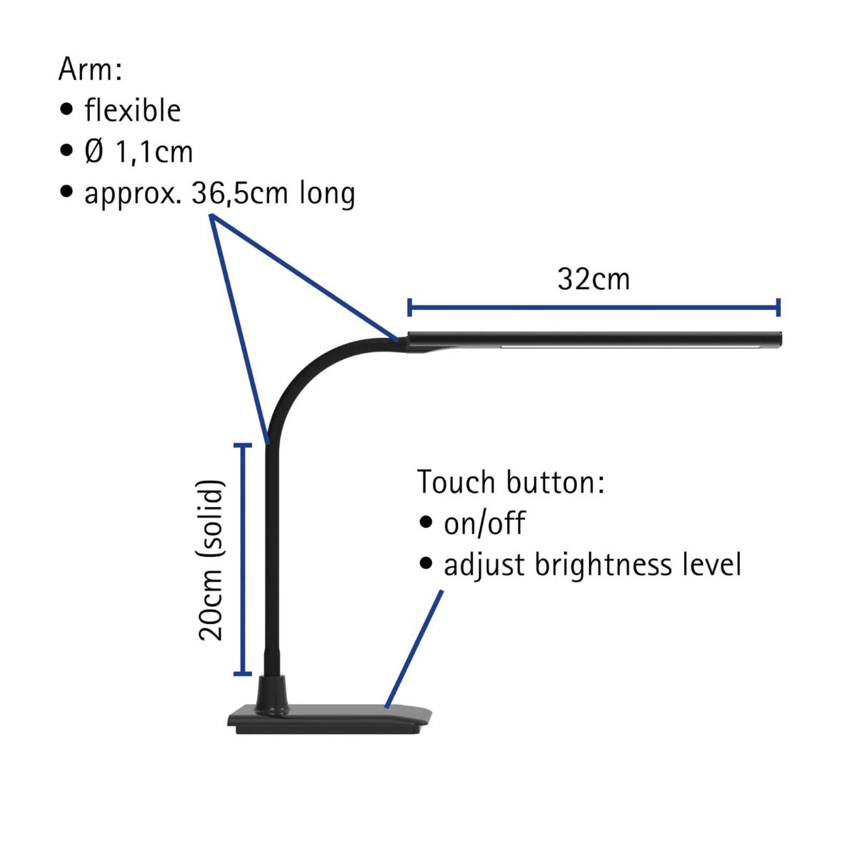 Maattekening bureaulamp Pir LED met voet en aanraakknop