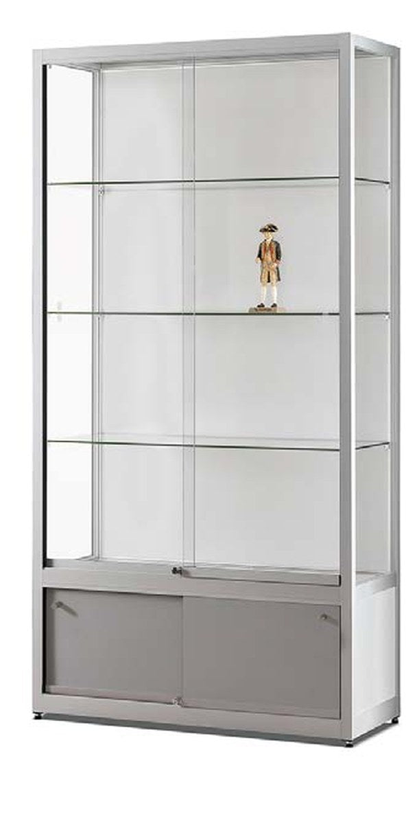 Vitrinekast met schuifdeuren, gesloten onderkast en LED-strip in zilver