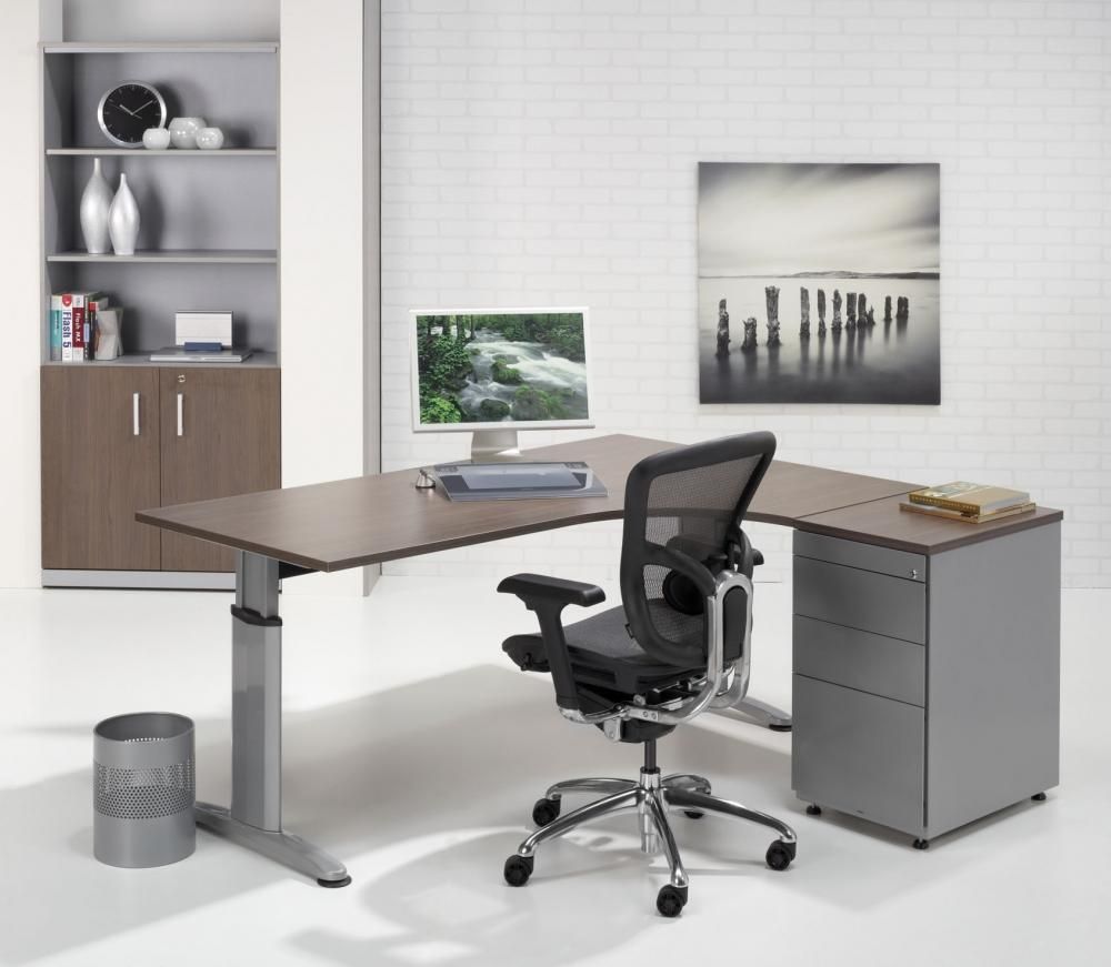 Bureau T-system in donker houtdecor als hoekopstelling met ladeblok