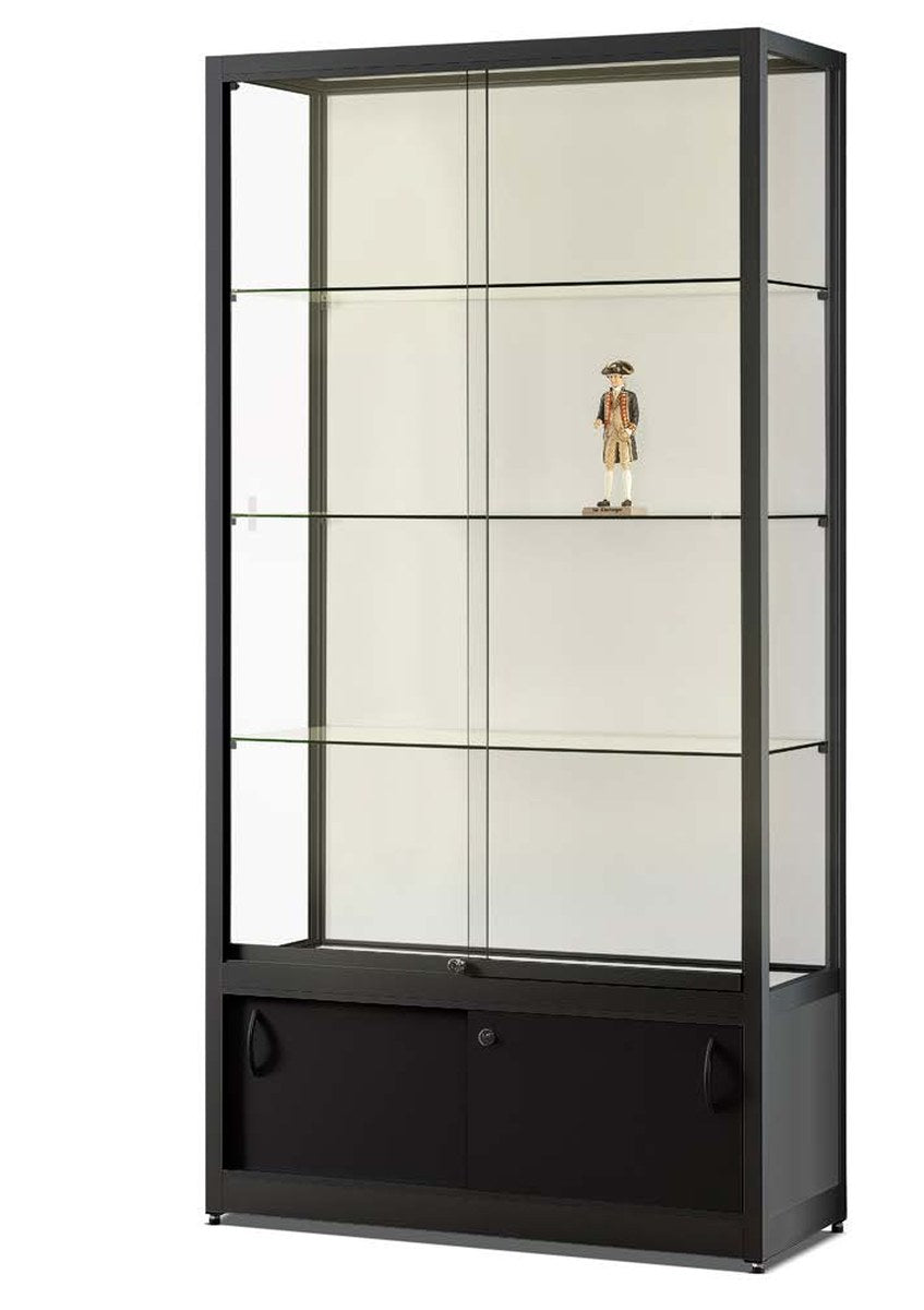 Vitrinekast met schuifdeuren, gesloten onderkast en LED-strip, zwart met witte achterwand