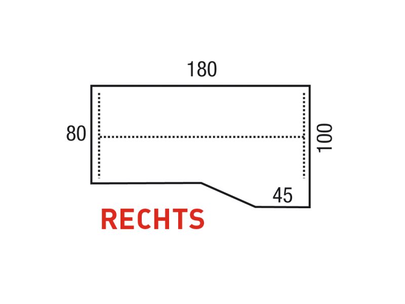 Maattekening Bureau Proton Alpha, 180 x 100 cm met de uitbouw rechts