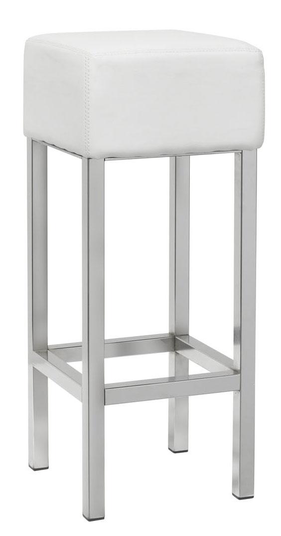 Barkruk Kai met witte gestoffeerde vierkante zitting zonder rugleuning, op een chromen vierpoots frame