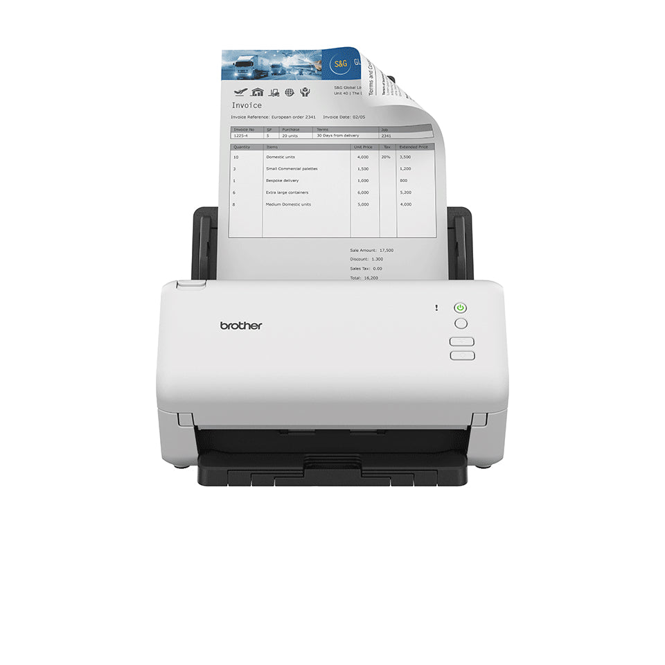 Brother ADS-4100 desktopscanner in wit met grijs, met documenten in de opgeklapte documentinvoer