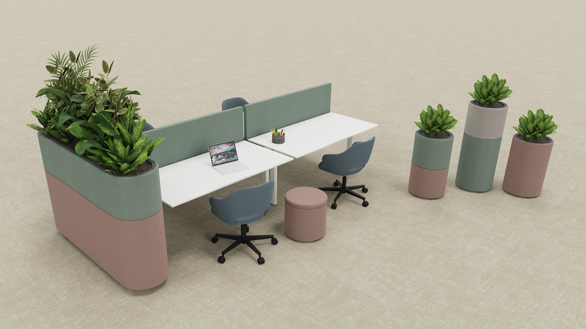 Render van M+ Planters in drie formaten bij werkplekken