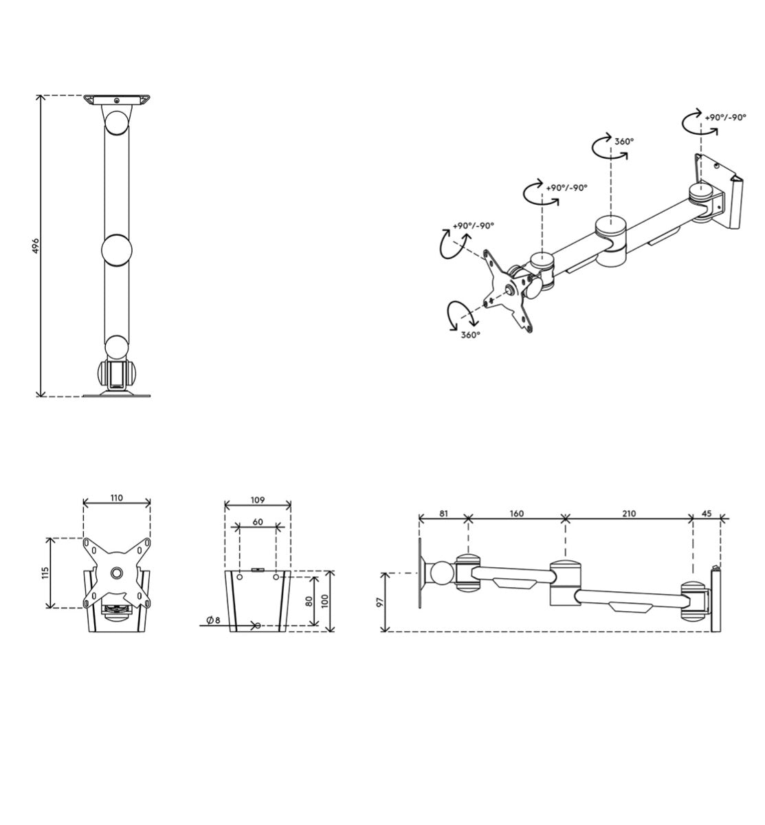 Maattekening van monitorarm BN042