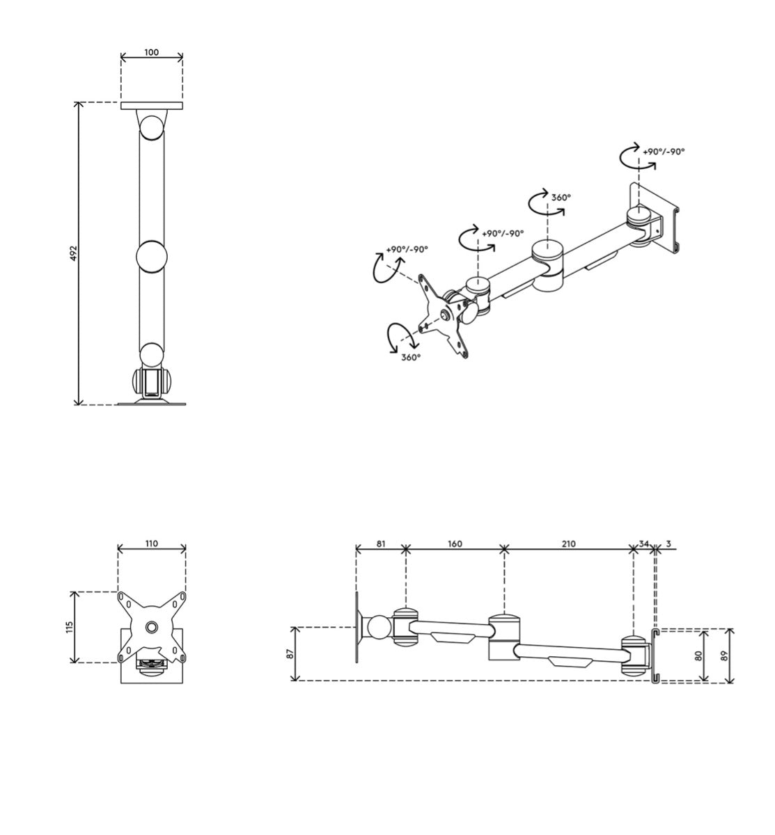Maattekening van de BN142 met de rechte arm en de vlakke toolbarklem in zij- en vooraanzicht