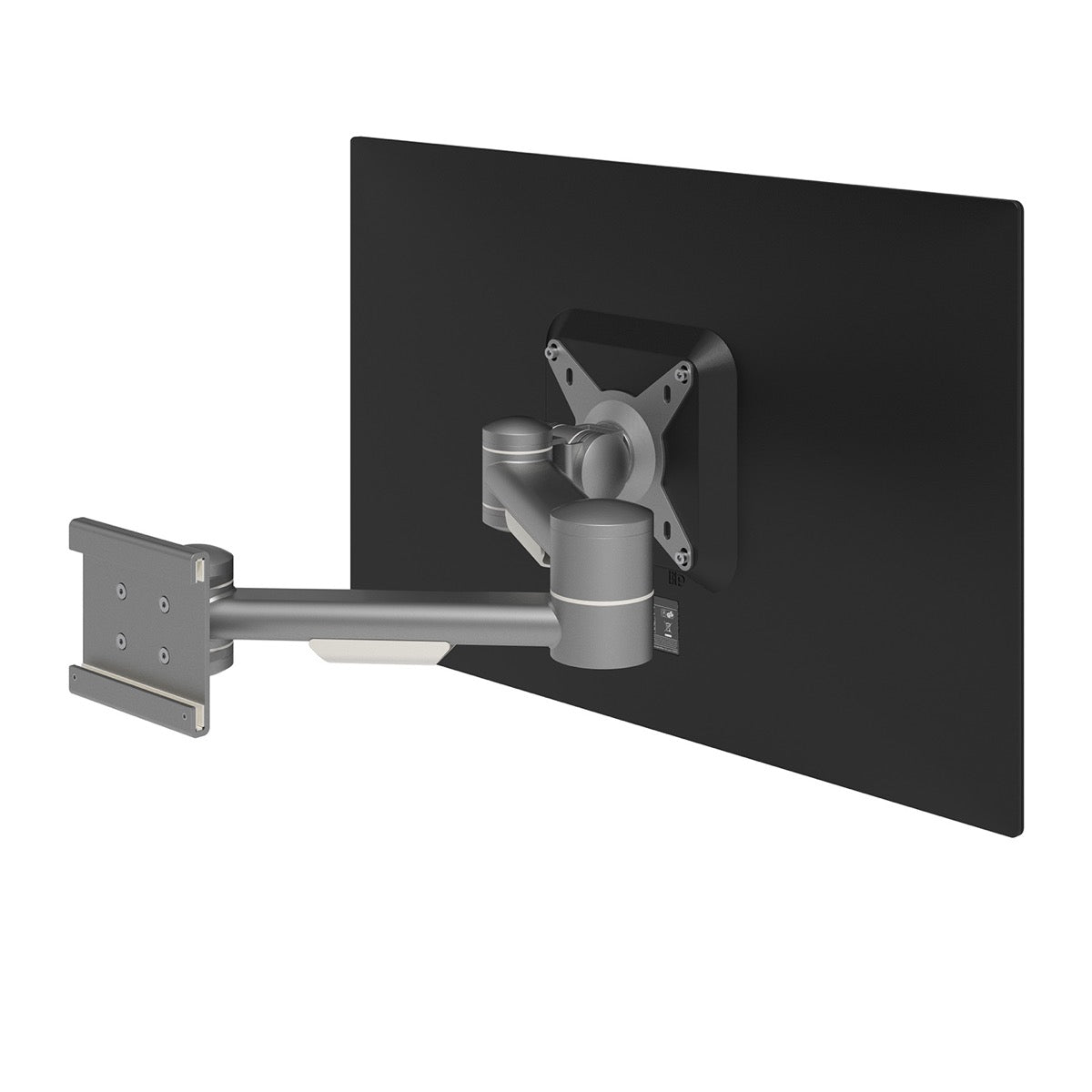 Monitorarm BN142: één beeldscherm op een rechte grijze arm met vlakke toolbarbevestiging