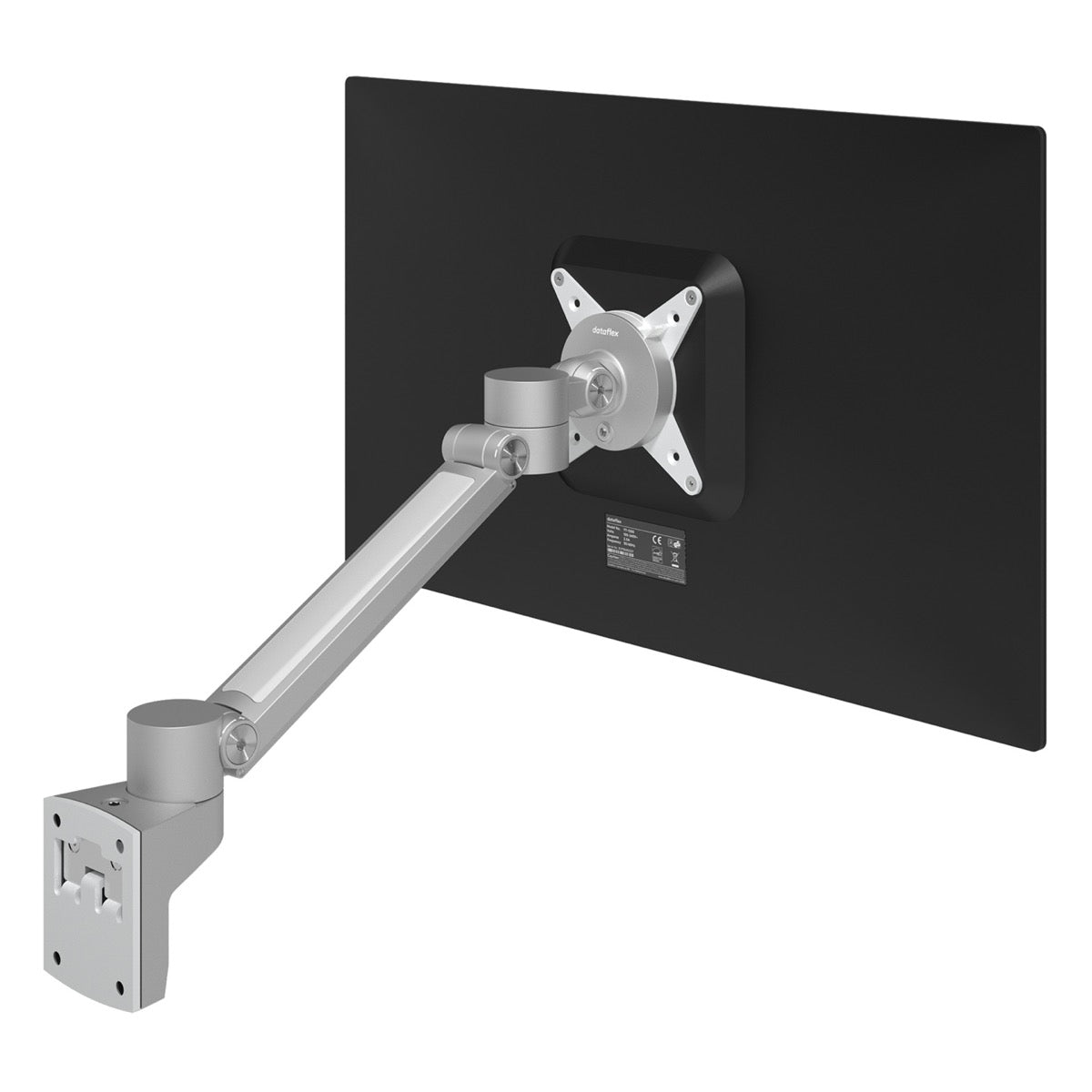 Monitorarm BN312: één beeldscherm op een lange gelede zilverkleurige arm aan een wandplaat