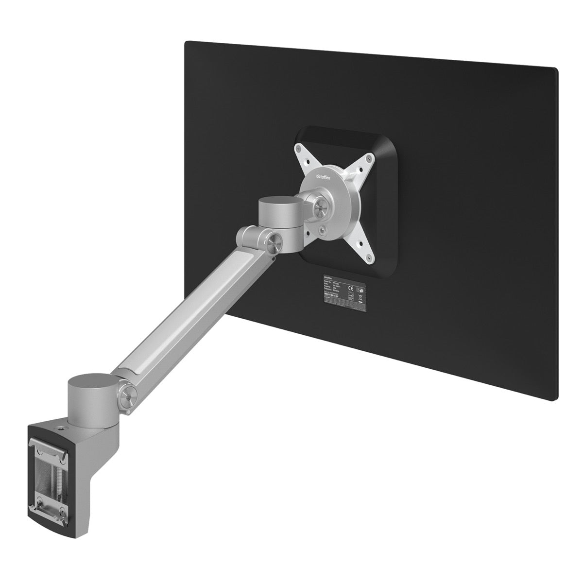 Monitorarm BN512: één beeldscherm op een lange gelede zilverkleurige arm met railbevestiging