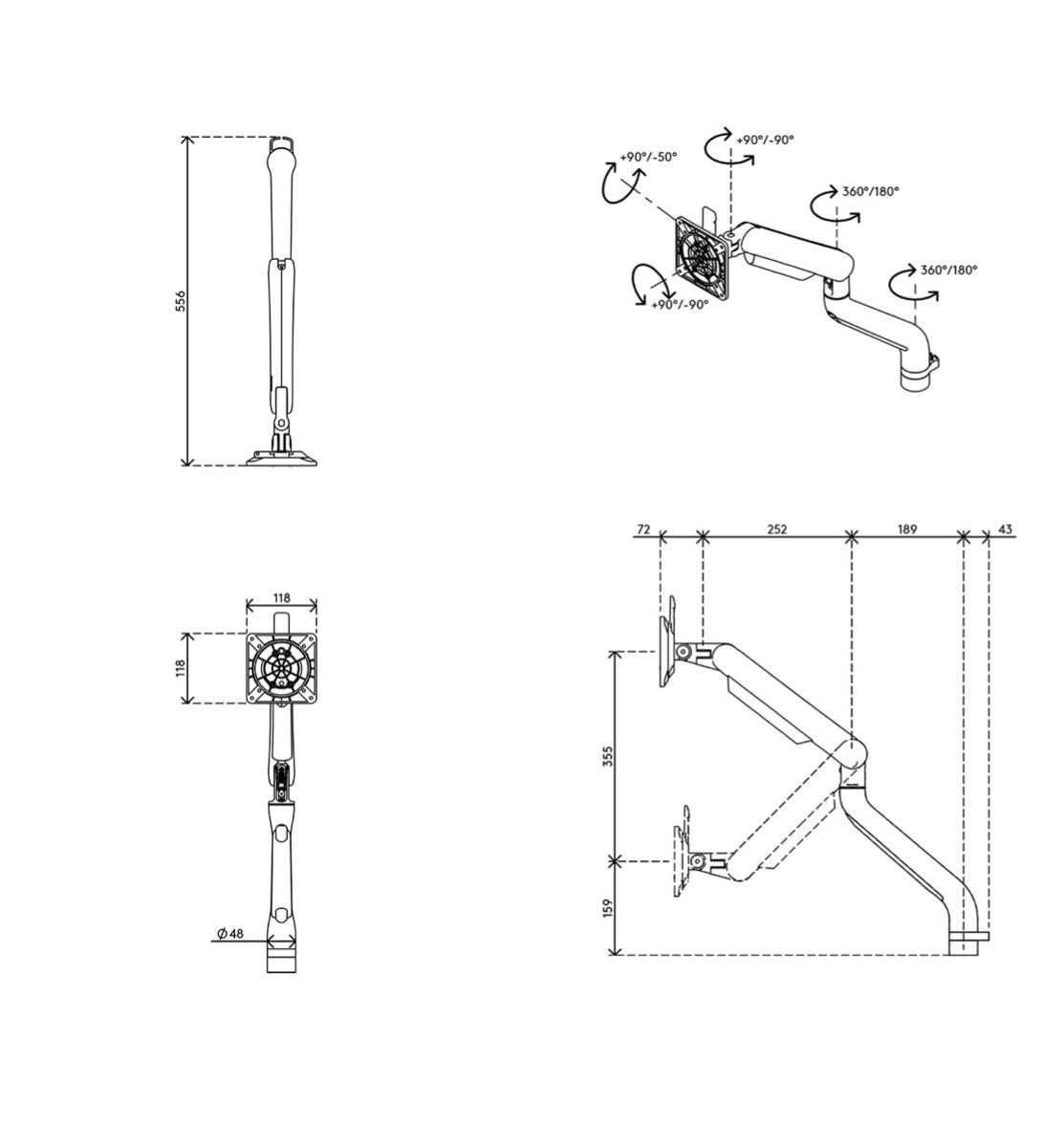 Maattekening van de BN110 met zijaanzicht, bovenaanzicht en perspectief van arm en bureauklem