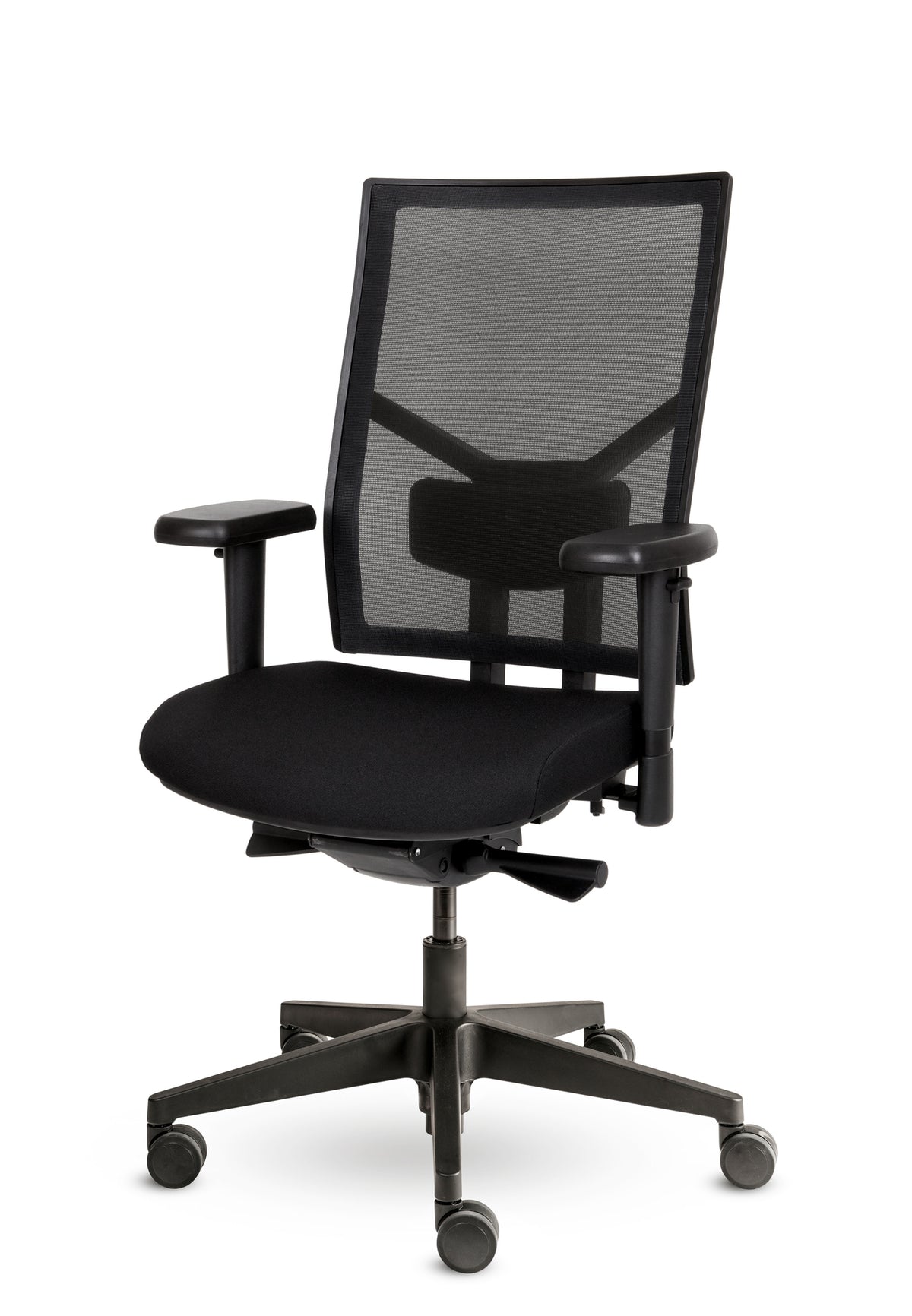 Bureaustoel WL87 met zwarte netbespannen rug, gestoffeerde zitting, armleggers en zwart vijfpotig onderstel