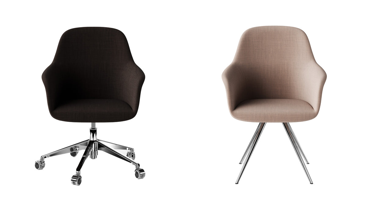 Donkerbruine kuipfauteuil met hoge rug op kruisvoet met wielen, naast dezelfde stoel in taupe op een stervoet