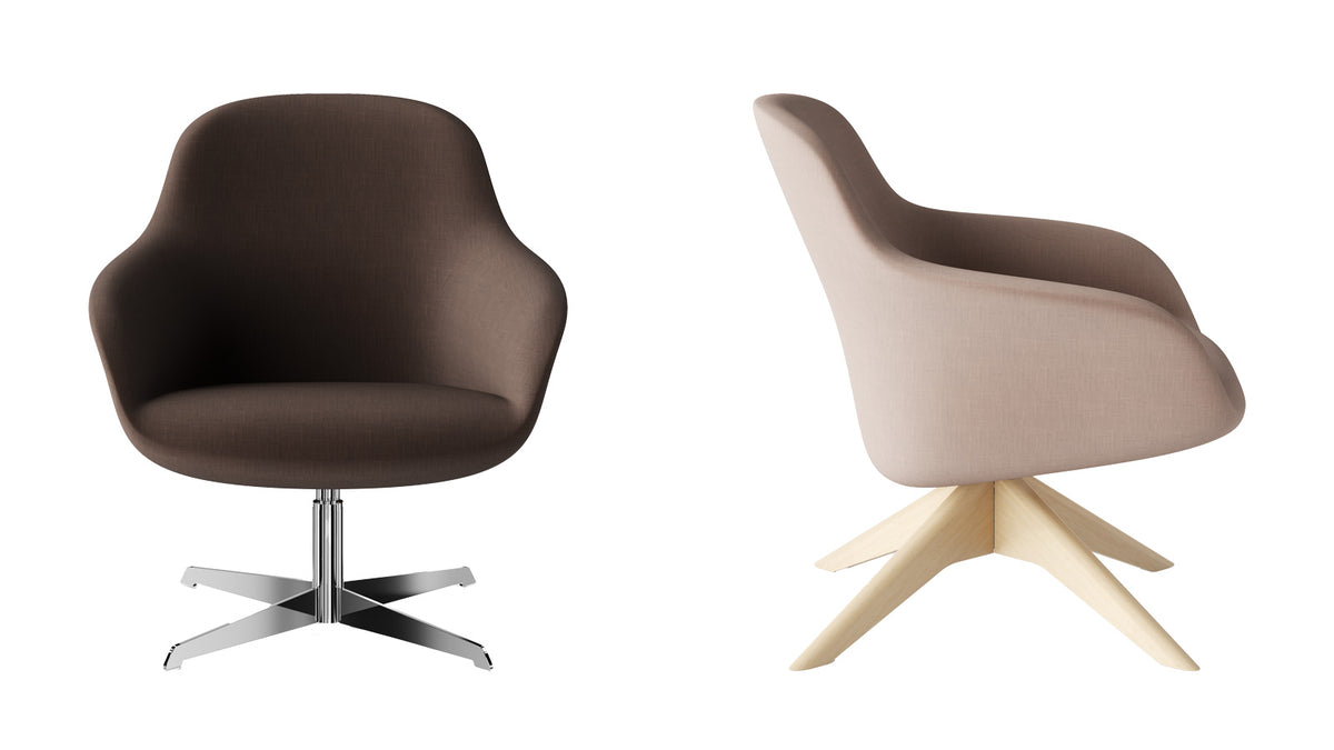 Twee lage loungefauteuils: donkerbruin op chromen kruisvoet en taupe op houten kruisvoet