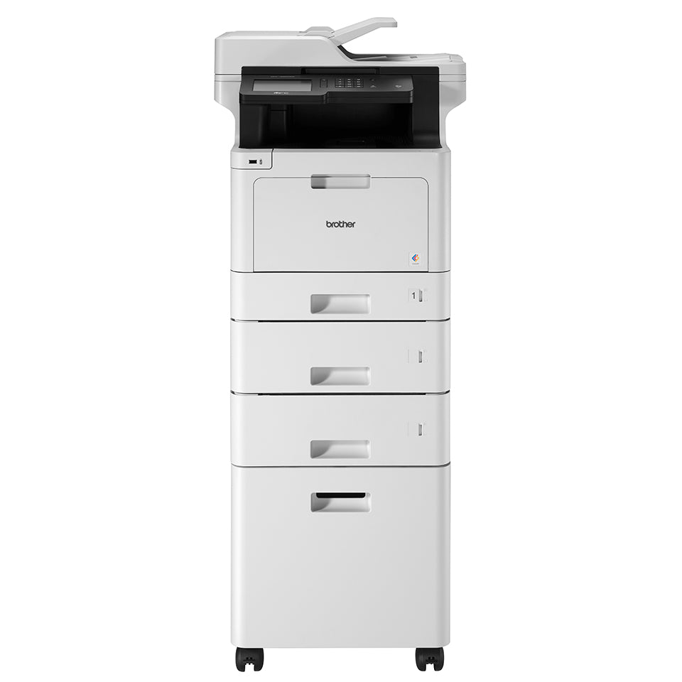 Kleurenlaser multifunctional op twee extra papierladen en een lichtgrijze onderkast op wielen