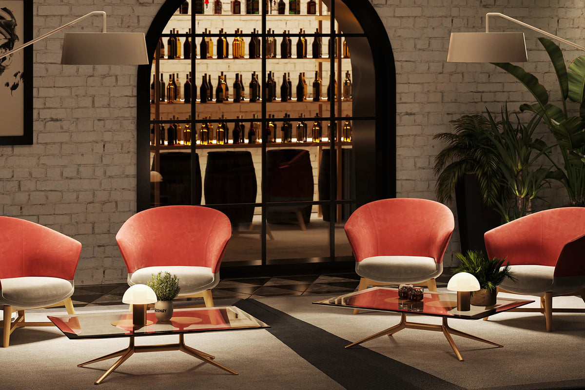 Conga Lounge fauteuils in rood in een donkere lounge
