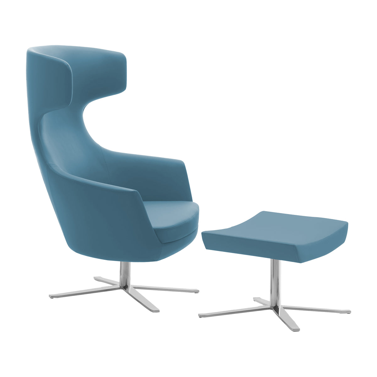 Danza fauteuil in blauw op een kruisvoet met voetenbank