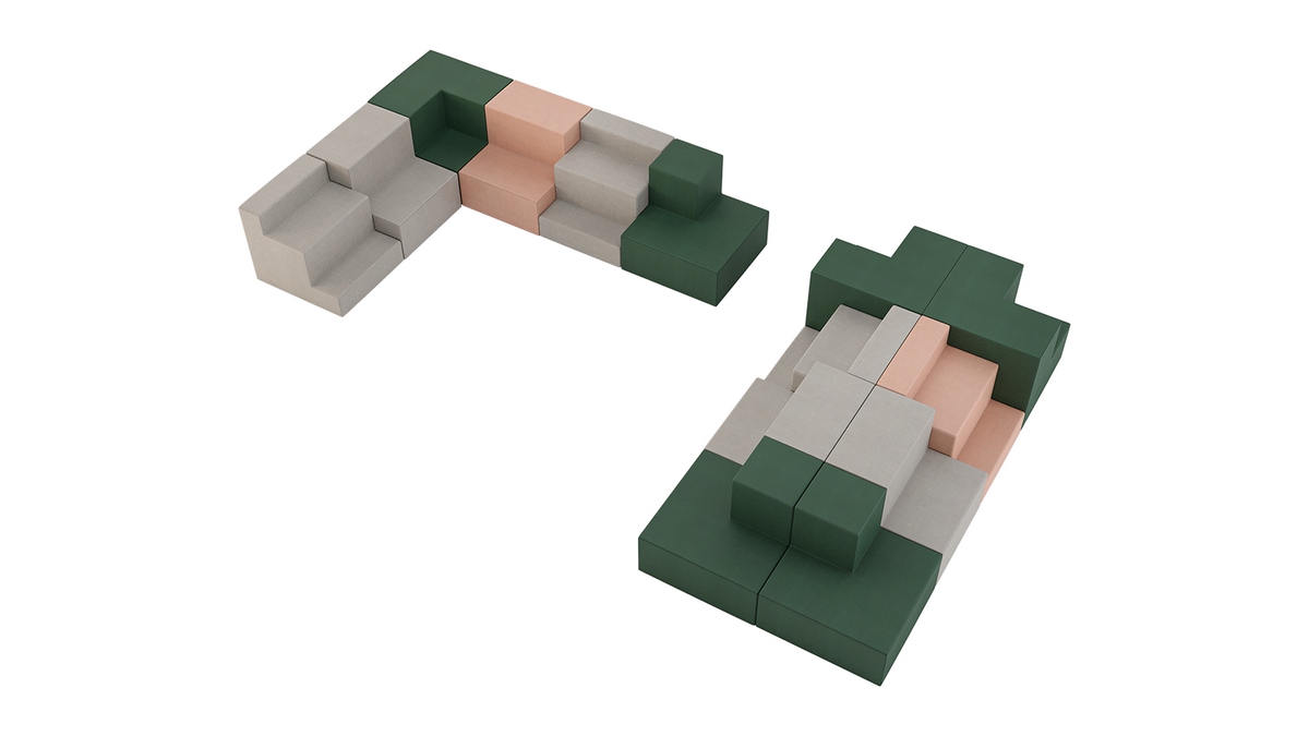 Modulaire zitelementen in donkergroen en beige in een hoekopstelling, van bovenaf gezien