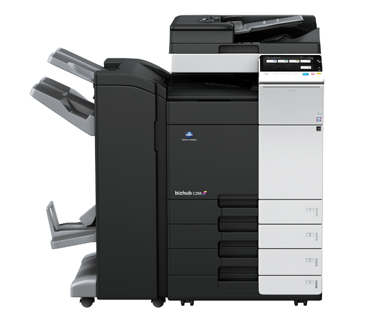 Konica Minolta bizhub C258 multifunctional met afwerkeenheid en uitvoerlades aan de zijkant