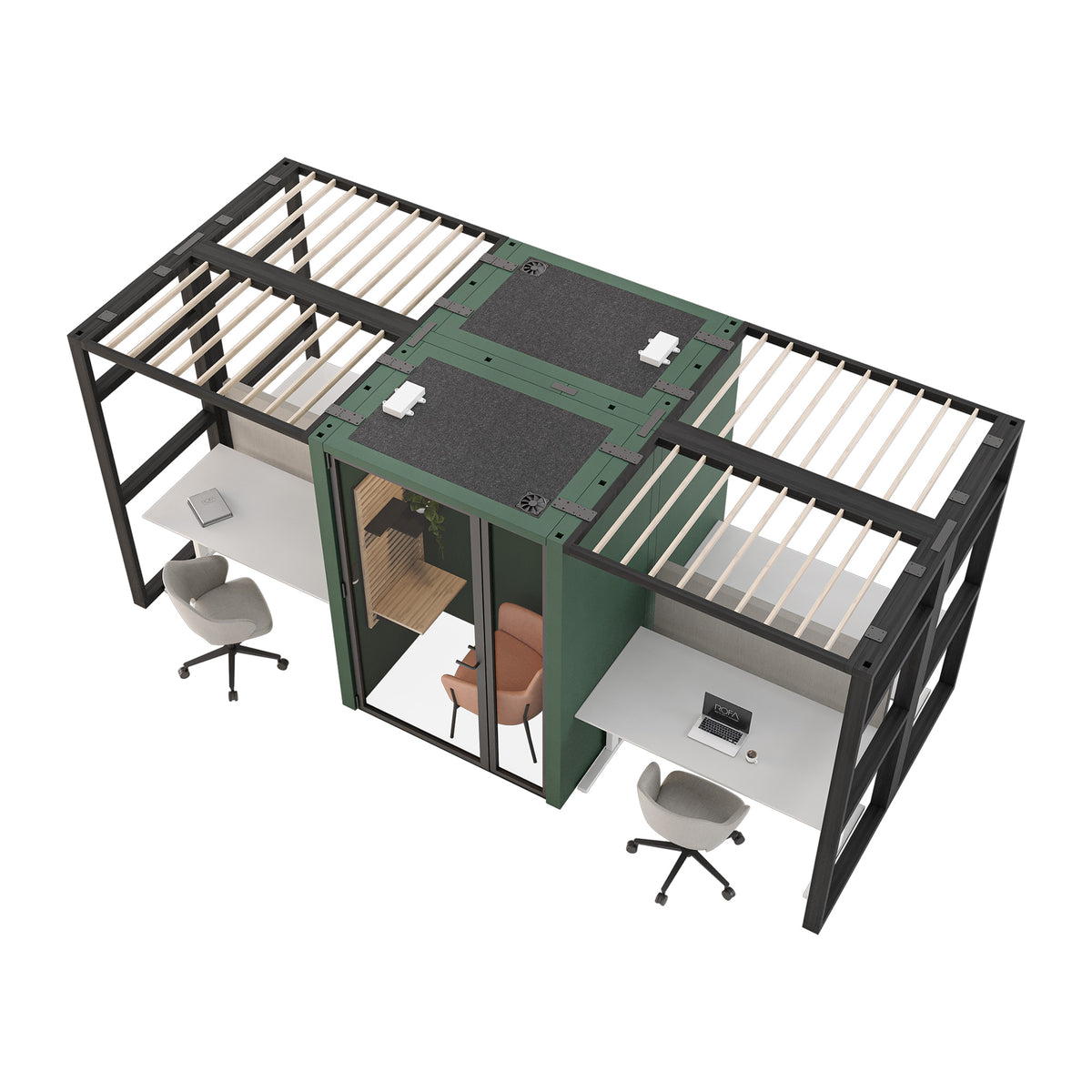 Render van een modulaire ruimte-in-ruimte unit met zwart frame, groene wanden en werkplekken binnenin
