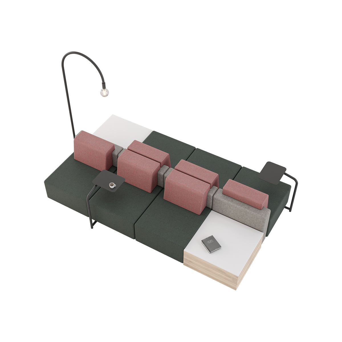 Render van een lange modulaire bank met donkergroene zitting, roze rugkussens, tafelbladen en een booglamp