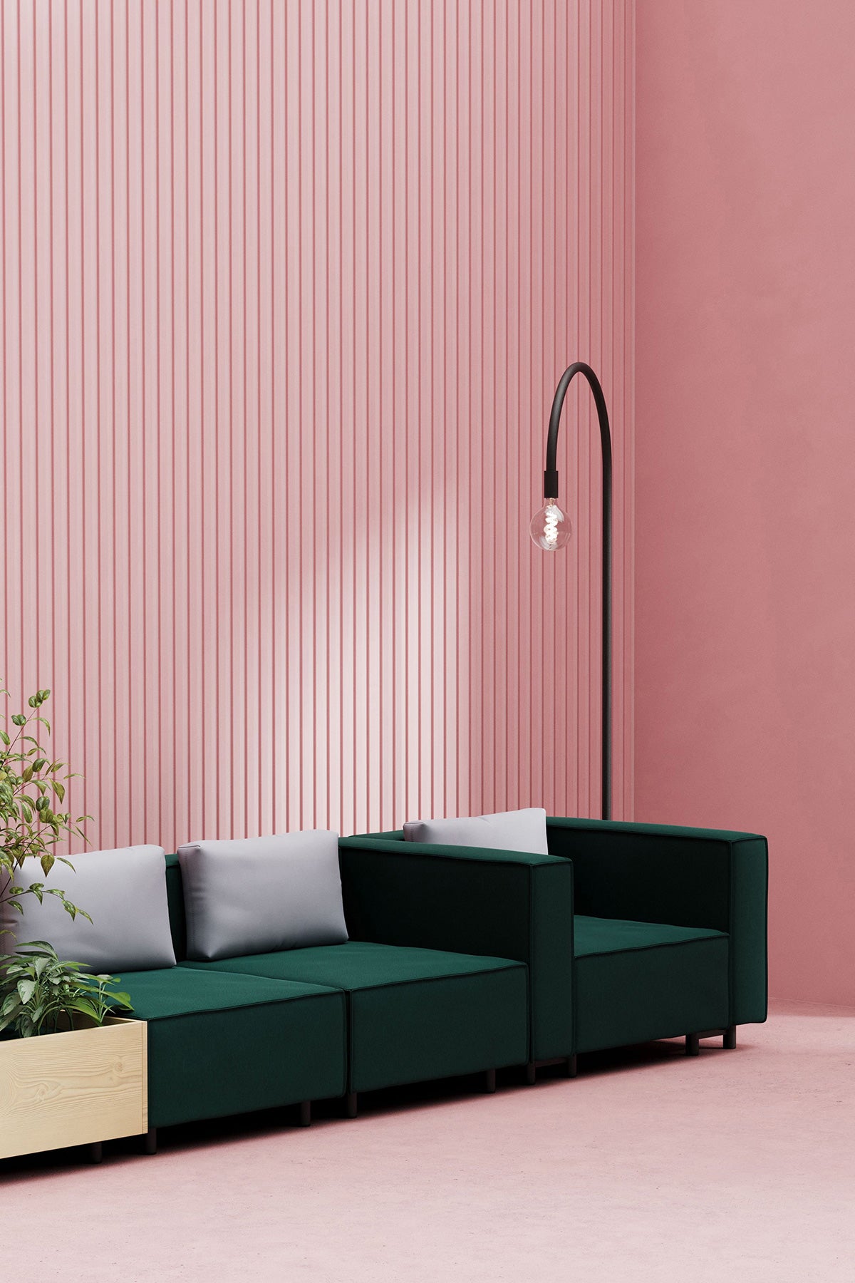 M+ Sofa in groen en wit voor een roze wand