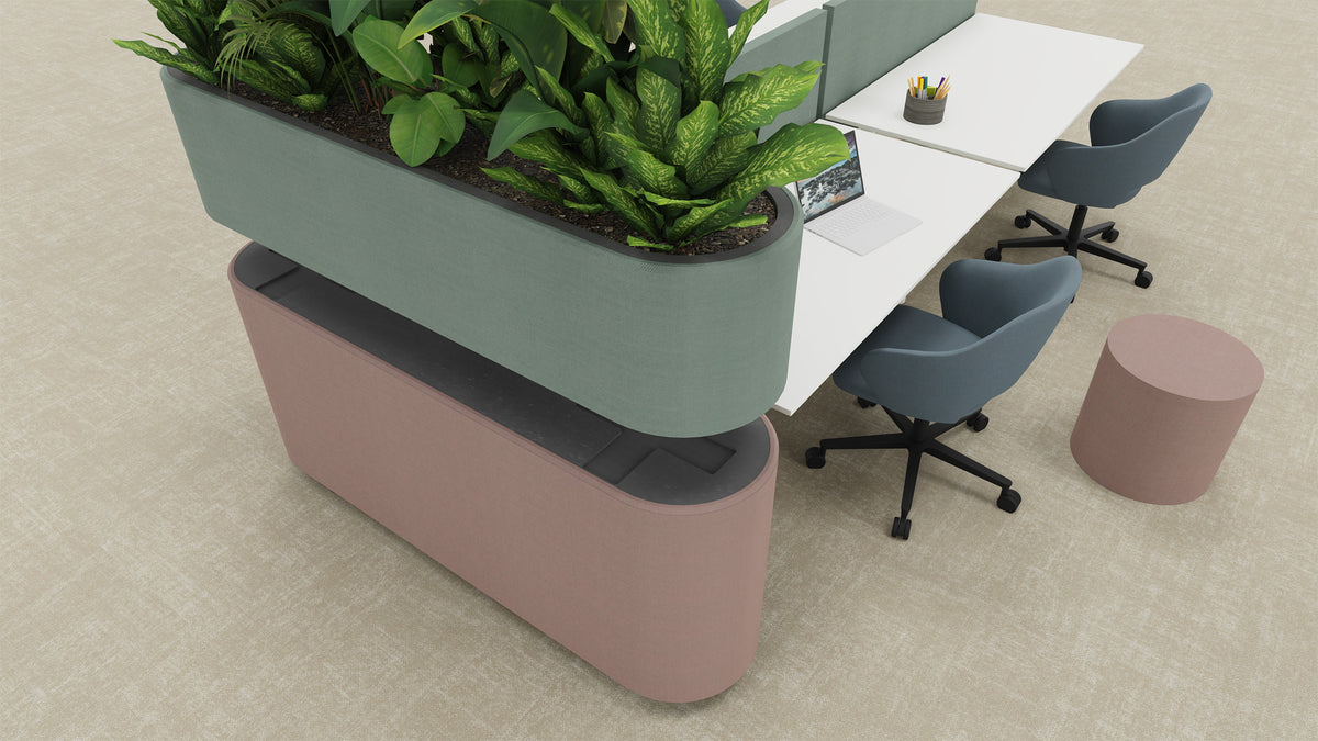 Render van een grote M+ Planter naast een werkplek