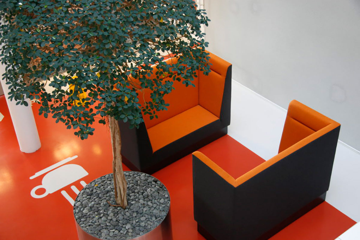 Nisbank in zwart en oranje met een plant