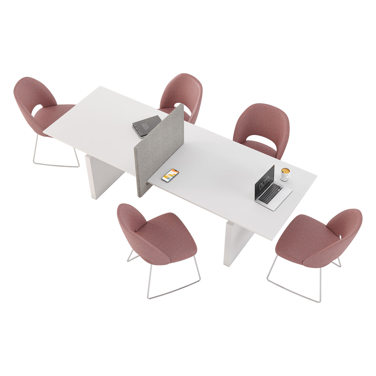 Sfeerbeeld van een grijze akoestische wand op een witte vergadertafel met oudroze stoelen op sledeframe