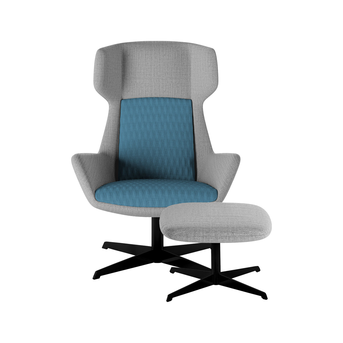Samba High fauteuil in grijs en blauw met voetenbank op een kruisvoet