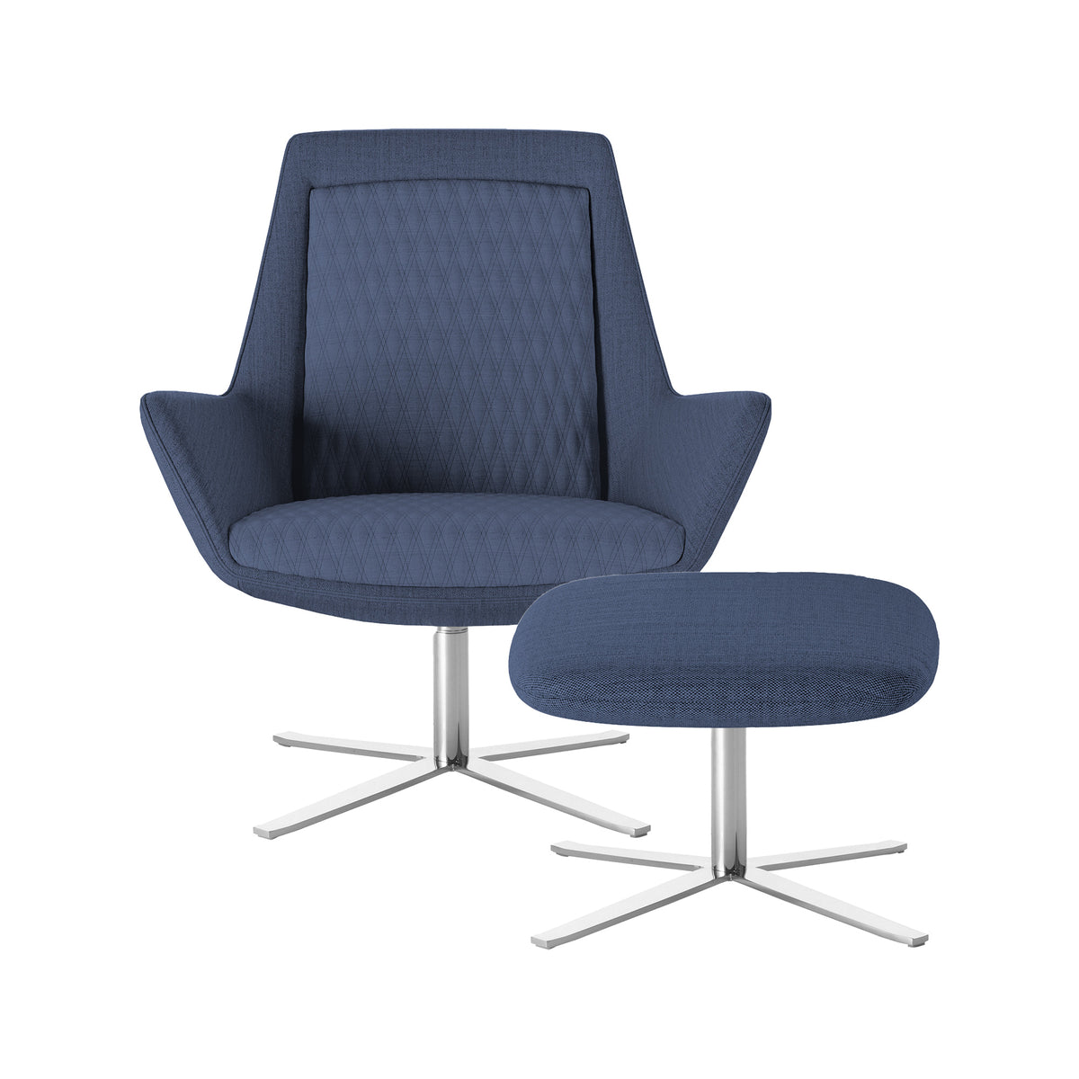 Samba Low fauteuil in donkerblauw met voetenbank op kruisvoet